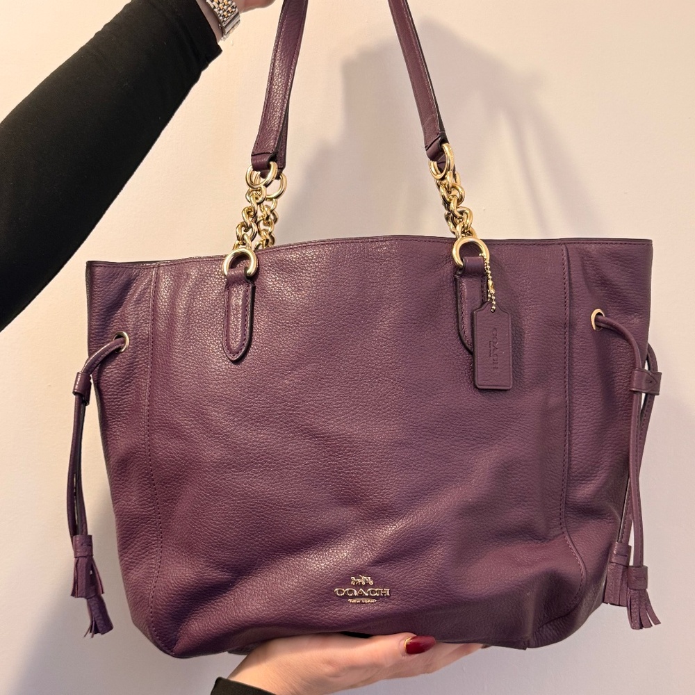 Coach Purple Leather Shoulder Tote with Gold Chain Details